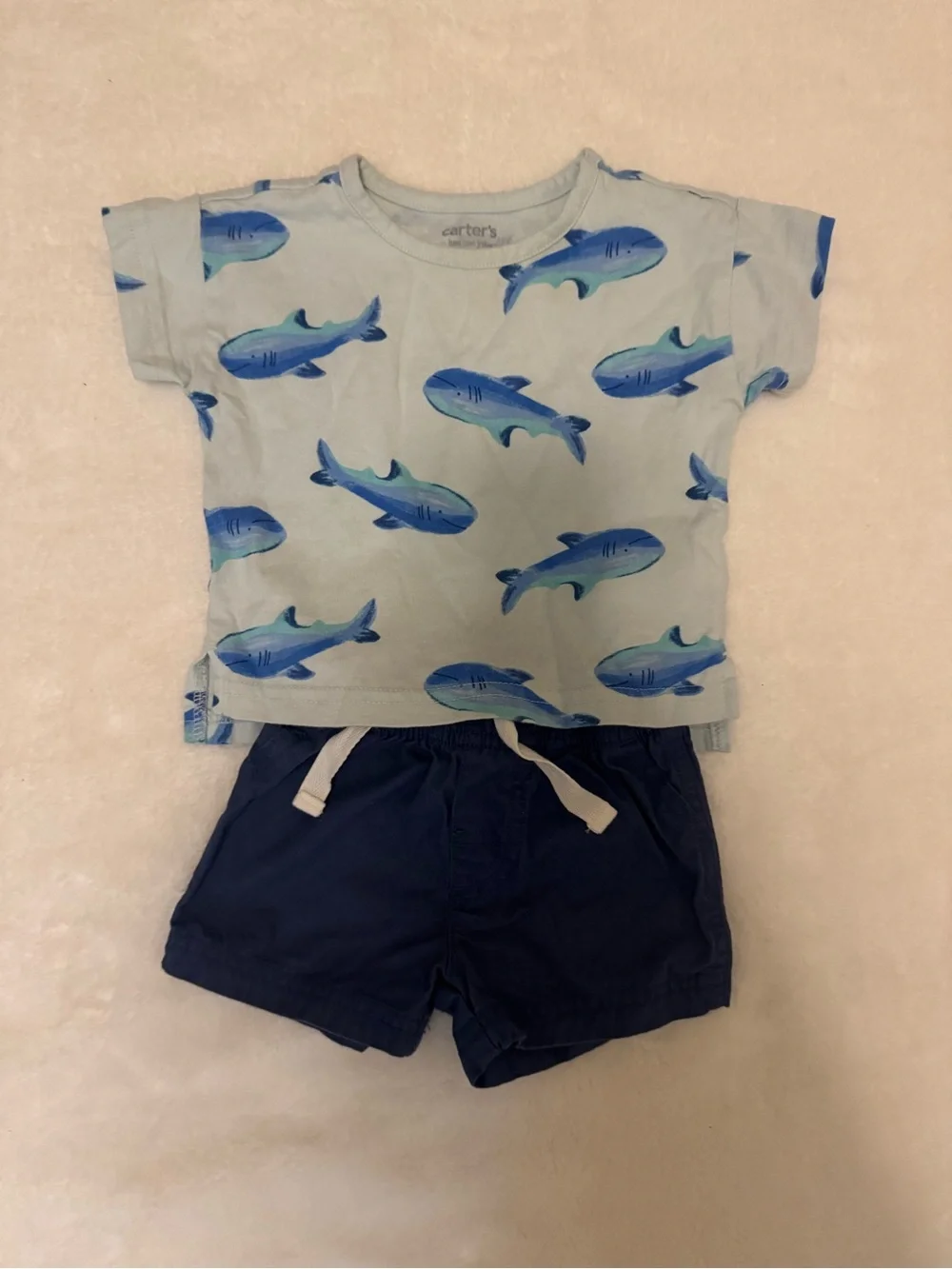 Carter's Light Blue Shark Tee with Navy Shorts Size 3 Months